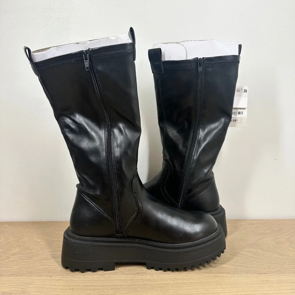 NWT Zara Boots Kids 2 Black Mid Calf Chunky Platform Lug Sole Moto Combat